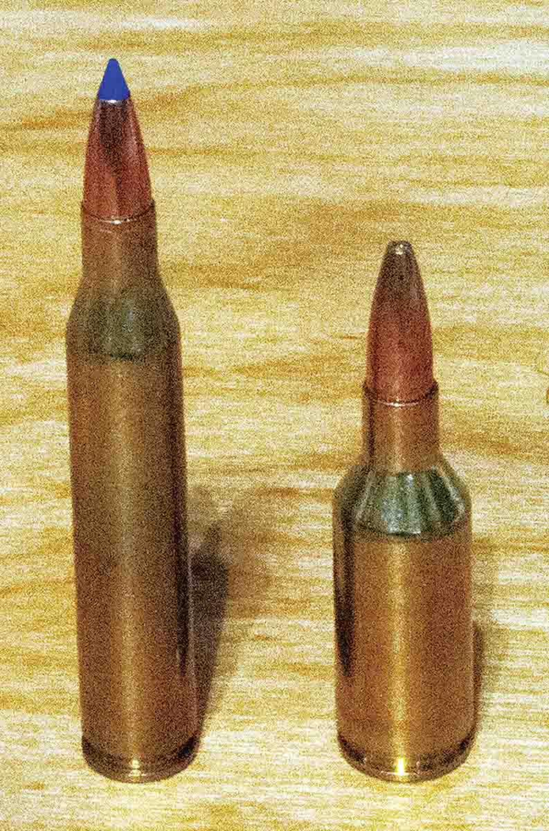 The .25-06 (left) has been around since the 1920s, first as a wildcat. Its fans had little interest in the .25 WSSM (right), though both are fine hunting cartridges for most big game.